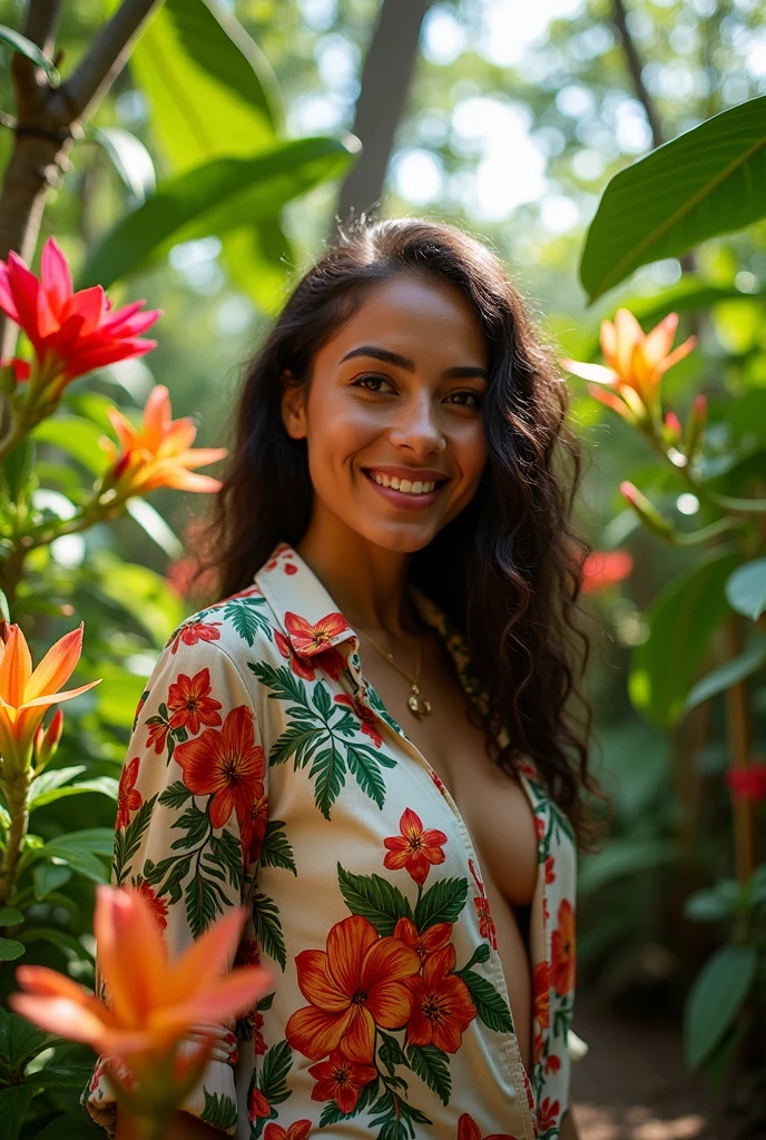 A Brazilian woman in a lush tropical garden, wearing an open shirt with a floral print, with a close-up capturing the harmonious beauty between her breasts and the natural flowers, showing off your natural charm and outgoing personality.