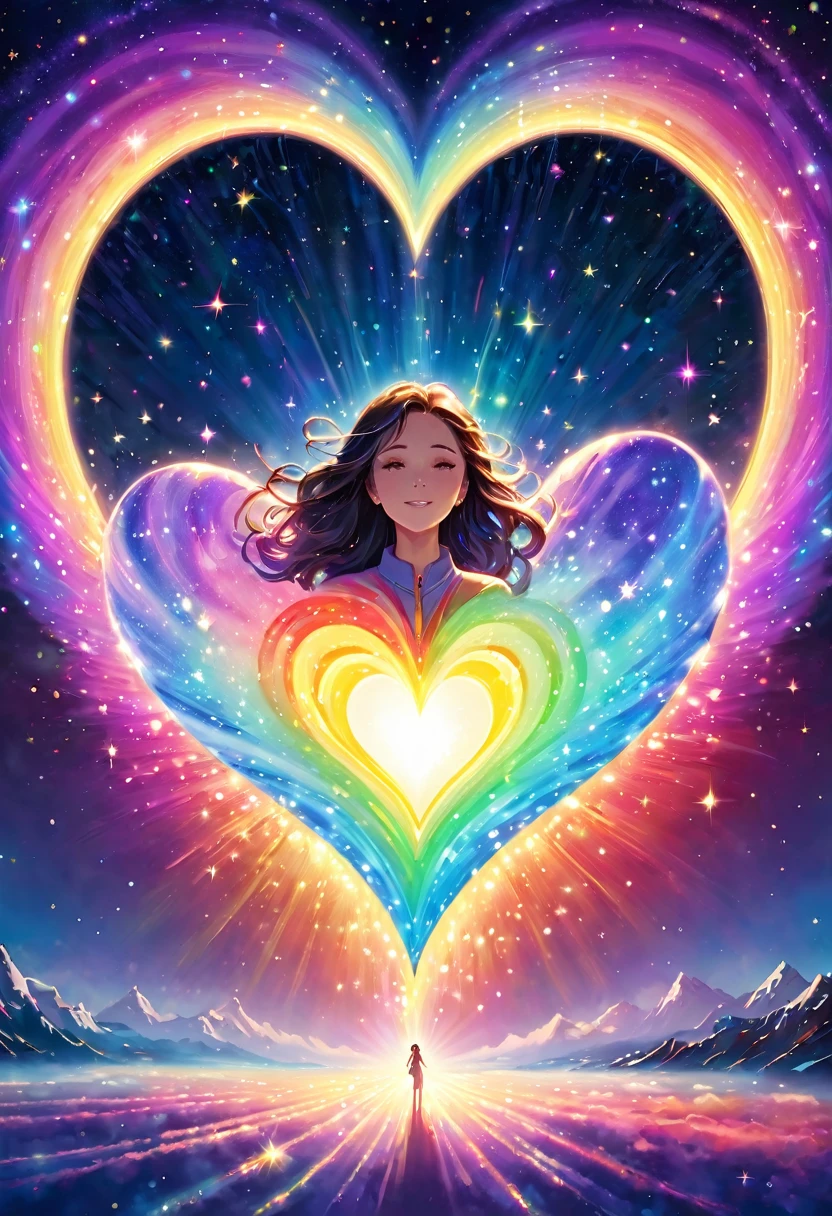 In the center is a heart in rainbow pastel colors. This heart emits light and creates a light effect around it. ripples of light. There is a woman below looking up at the heart. The glow spreads, and the background is a sparkling galaxy, giving the feeling of a soft light spreading. Try to express kindness and reassurance throughout. Add shine with light radiation and fine particles. We created a bright and warm design that will warm the hearts of those who see it. Add elegance with a spiritual touch. Shooting star.