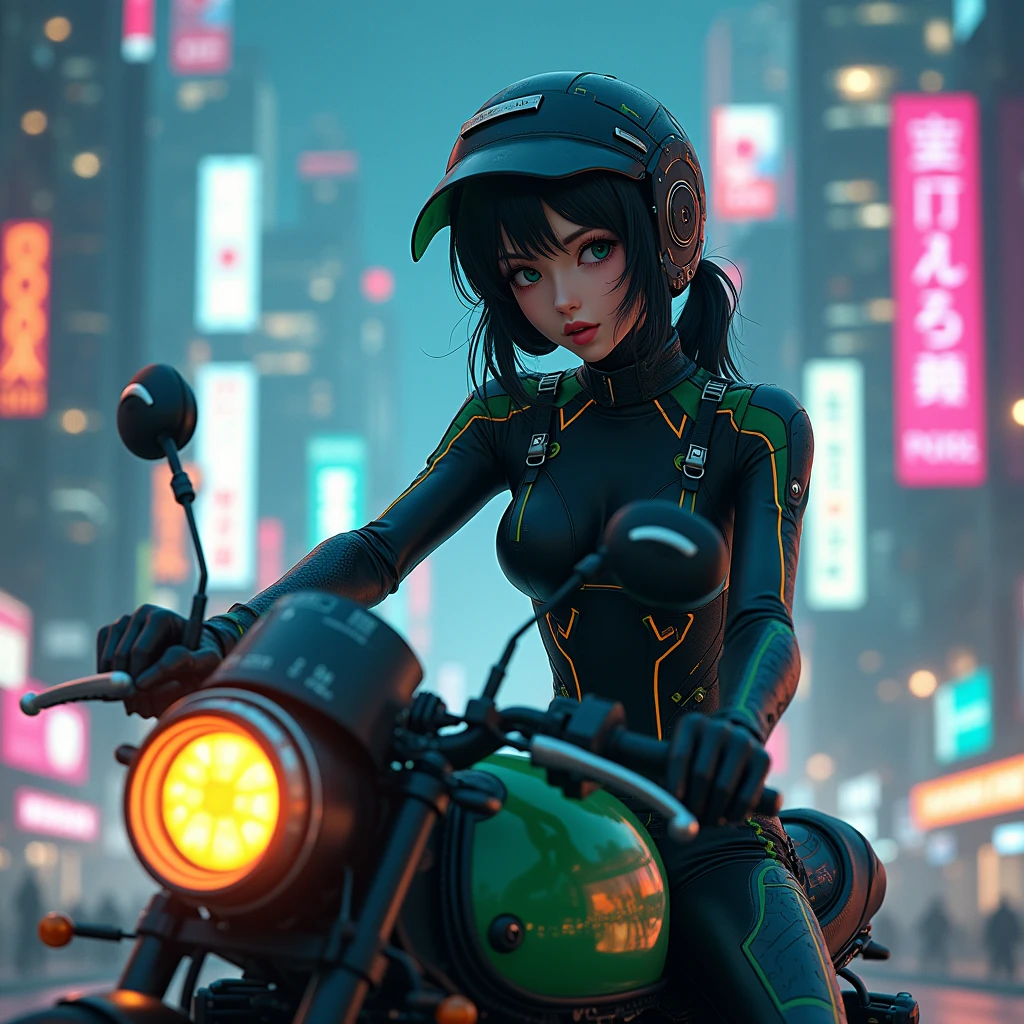 Maximum image quality, outstanding details, ultra high resolution, (Realism: 1.4), the best illustration, favor details, 1 very condensed girl, with a delicate and beautiful face, dressed in a black and green wick, wearing a mecha helmet, with black hair and a mole next to her mouth, holding a directional controller, ride a motorcycle, the background is a high-tech lighting scene of the city of the future.