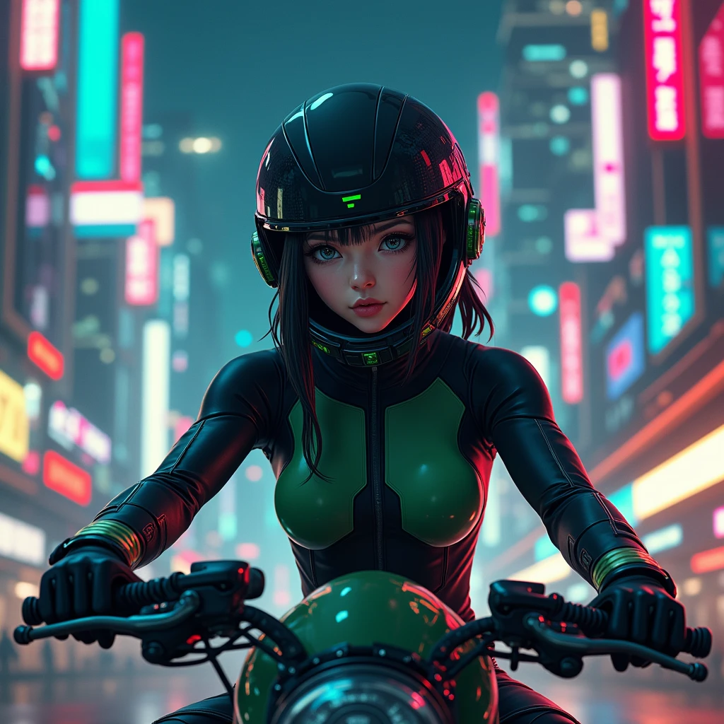 Maximum image quality, outstanding details, ultra high resolution, (Realism: 1.4), the best illustration, favor details, 1 very condensed girl, with a delicate and beautiful face, dressed in a black and green wick, wearing a mecha helmet, with black hair and a mole next to her mouth, holding a directional controller, ride a motorcycle, the background is a high-tech lighting scene of the city of the future.