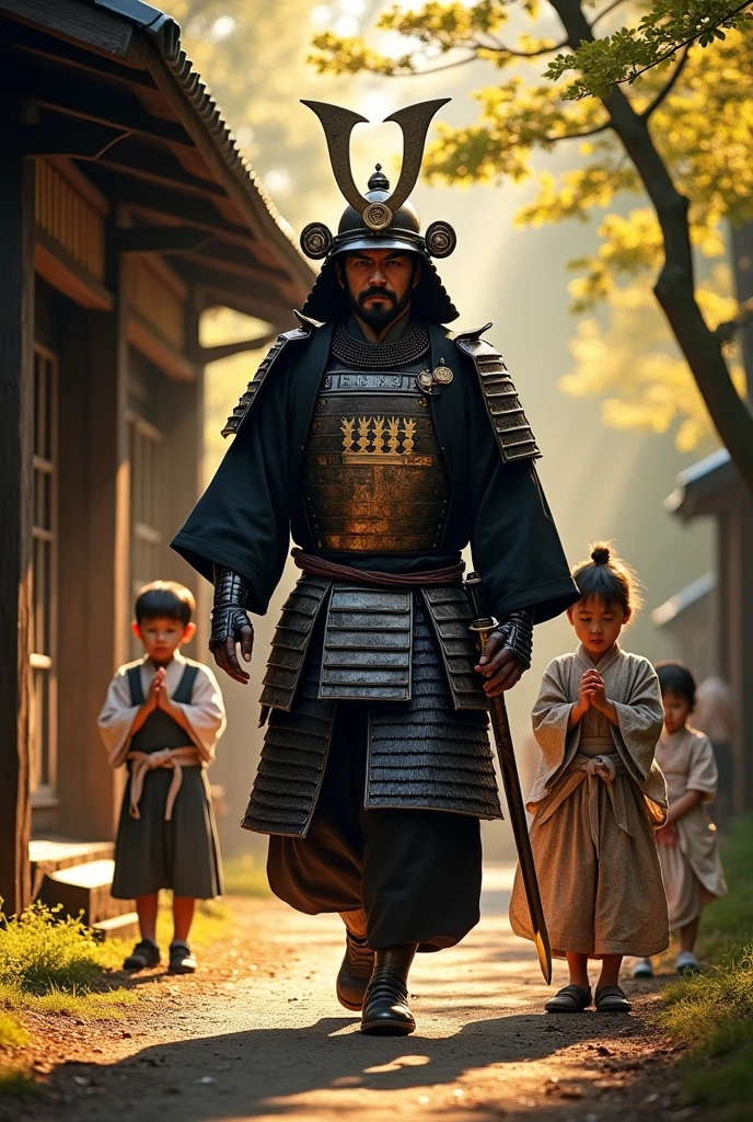 This is a scene in which children see off their father as he heads off to battle with mixed feelings of concern and respect.
Set in Japan's Warring States period, a man wearing armor and carrying a sword and spear walks out of a samurai residence. The man wears a crescent-shaped helmet on top of his armor. Three children stand behind the man and watch. Two of the men are wearing hakama, and one woman is wearing a kimono.
