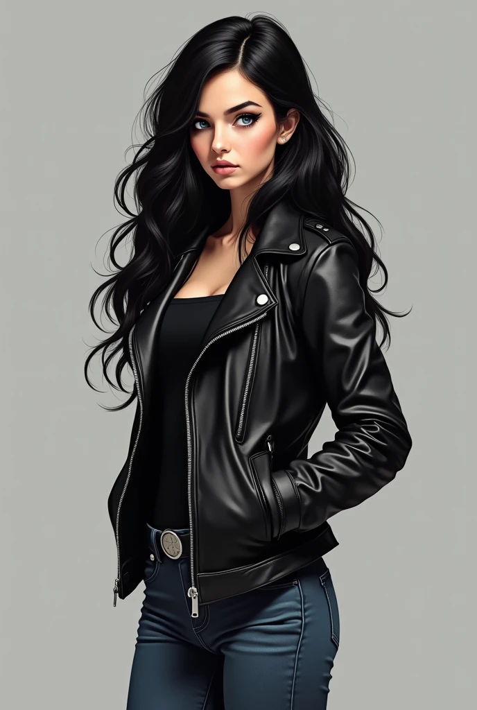 18 year old girl, silver eyes, long black wavy hair, She is dressed in a leather jacket and jeans, both in black tones., Your expression is serious and confident, Digital illustration of video game characters with a solid, neutral gray background