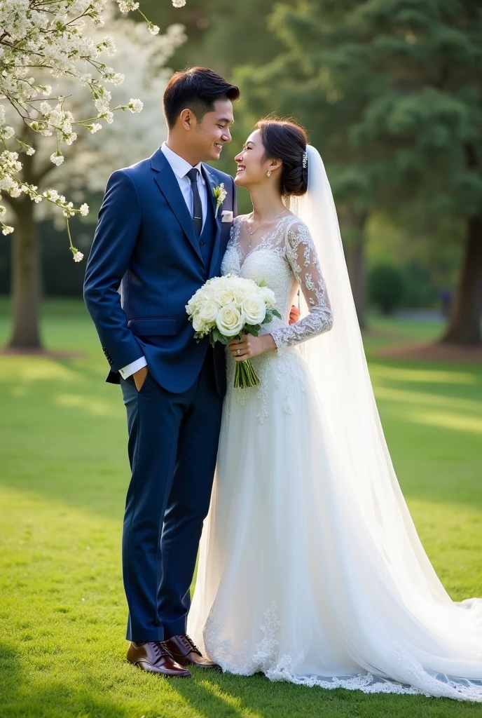 A newlywed couple is having their wedding ceremony on the lawn。Asian Face，The groom is wearing a blue suit.，Tie，shirt with French cuffs.。wearing dark brown Oxford shoes，Black socks。
The lady wore a long-tailed wedding dress，Wear a veil。Holding a white bouquet。The two laughed happily。

