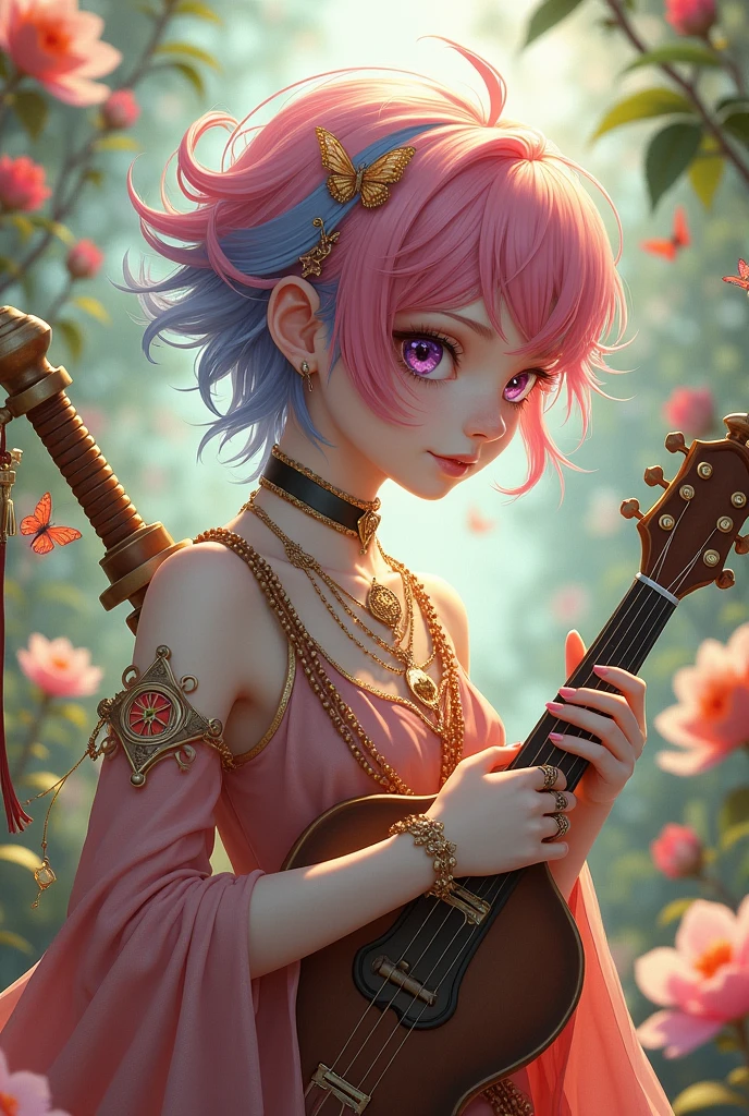 A femboy, his hair has three colors pink, blue and red, Your eyes are different colors, one is purple and the other green, his skin is white and delicate and is covered in a shiny golden powder that is like makeup, he also has magical runes tattooed on his body, he is of noble origin and his father is a genius, he loves to adventure, Of butterflies and flowers, he is a bard and always carries his beautiful lute and his beautiful sword, he likes to wear delicate rings, a choker and a heart necklace.