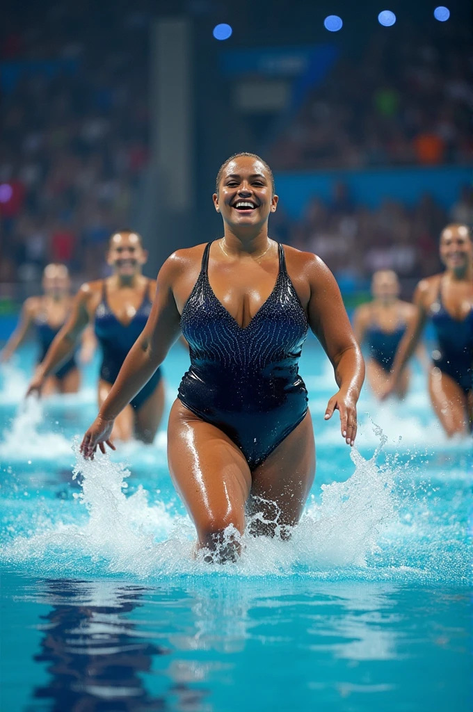 fat Olympic athlete artistic swimming team swimming artistic swimming ,swaying breasts,fat Olympic female swimming artistic swimming synchronized swimming artistic swimming, podium,with Plump breasts, super breasts, huge breasts, big breasts,a large breasts, big breasts!, thicc,alluring plus sized model, voluptuous body