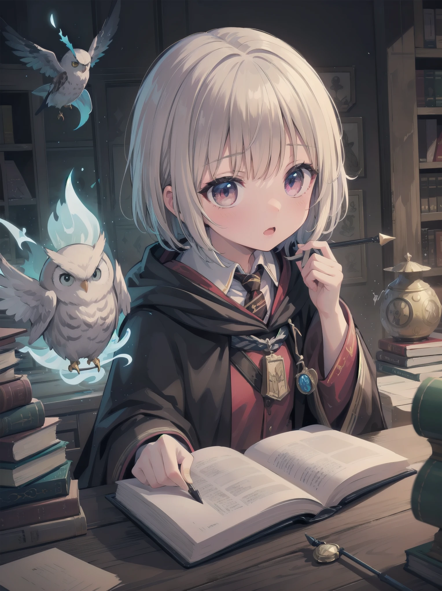 Masterpiece, Top Quality, Absurd, High Resolution, Subject Seismic, Animation Style Illustration with Mock Pause, 1 Girl, Solo, Cute random hairstyle, beautiful random expression and face, random age, slender, random clothing for situation,wizard robes, wand, magical castle, owl, spell book, (Hogwarts: 1.2), magic, wonder, (Harry Potter inspired: 1.3), mysterious atmosphere, details