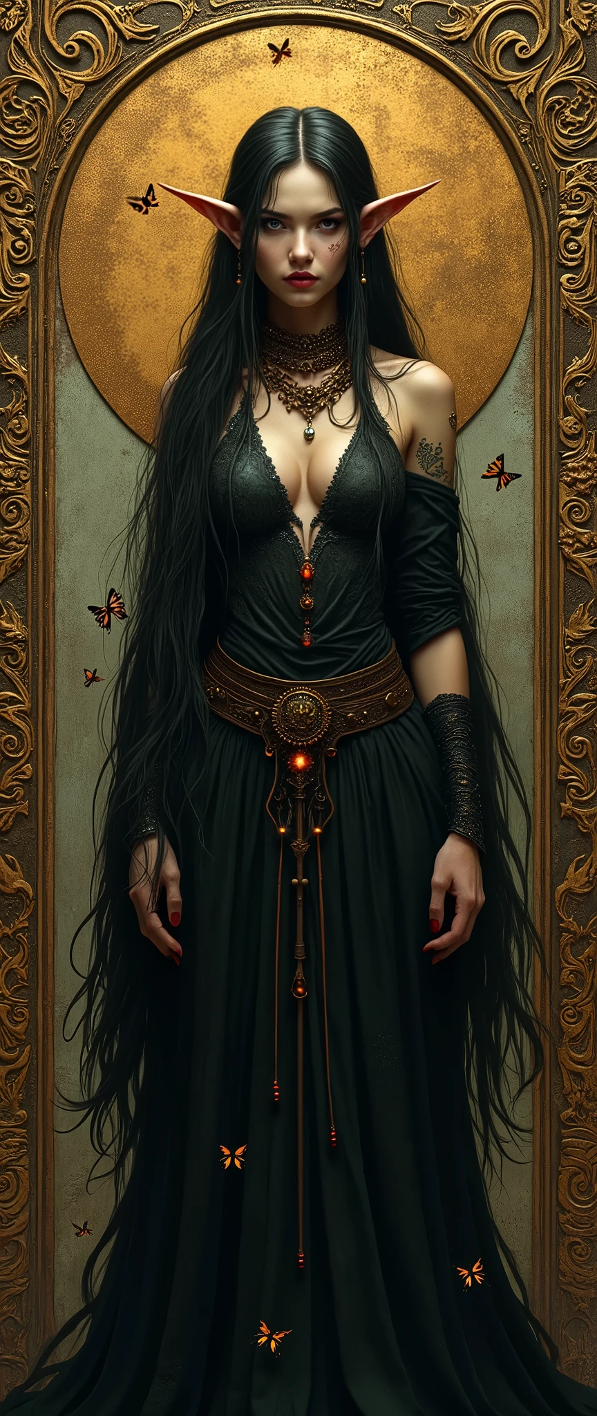 A Luis Royo-inspired full-body shot of a sinister elven lady with sharp, angular facial features. Her lithe figure is draped in dark, flowing garments adorned with amber and garnet beads. Fireflies hover around her, casting a mystical glow that contrasts with her menacing aura. The background features an intricate tapestry of carved bronze, etched with ancient runes, adding a sense of forgotten power and hidden danger.