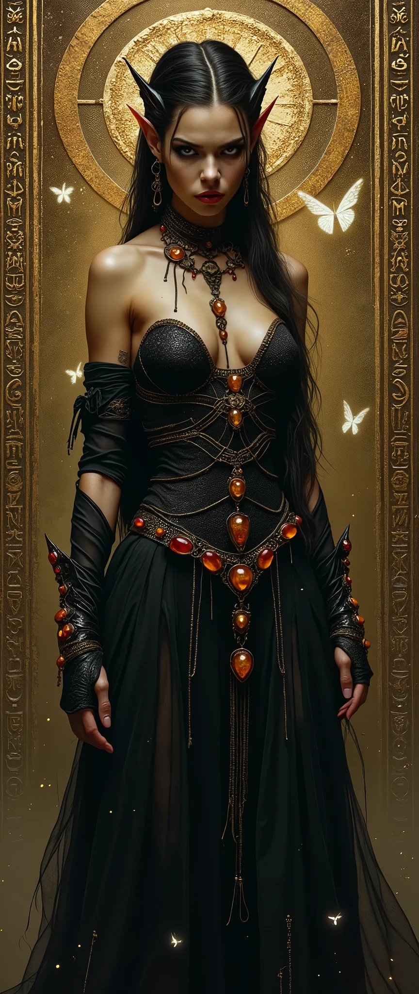 A Luis Royo-inspired full-body shot of a sinister elven lady with sharp, angular facial features. Her lithe figure is draped in dark, flowing garments adorned with amber and garnet beads. Fireflies hover around her, casting a mystical glow that contrasts with her menacing aura. The background features an intricate tapestry of carved bronze, etched with ancient runes, adding a sense of forgotten power and hidden danger.