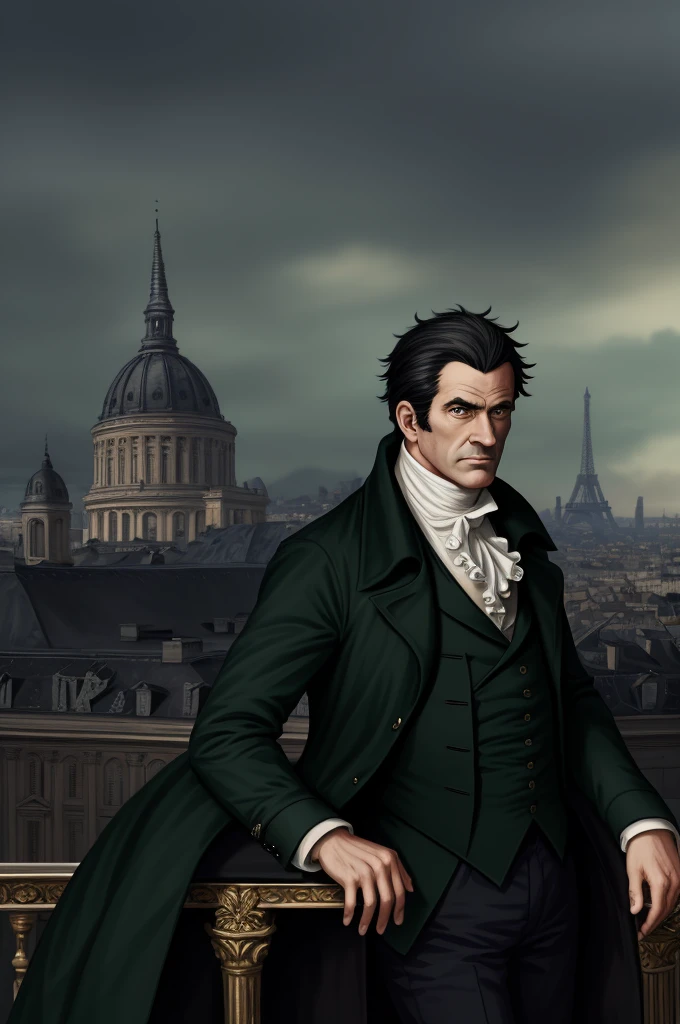 Highest quality, masterpiece, High resolution,，French，French Revolution politician，（French cityscape_background），Middle-aged men，Anime Style, 4K, alone，whole body， looking at the camera, ，Black Hair，Dark Green_coat， Hyper Detail, (Intricate details),