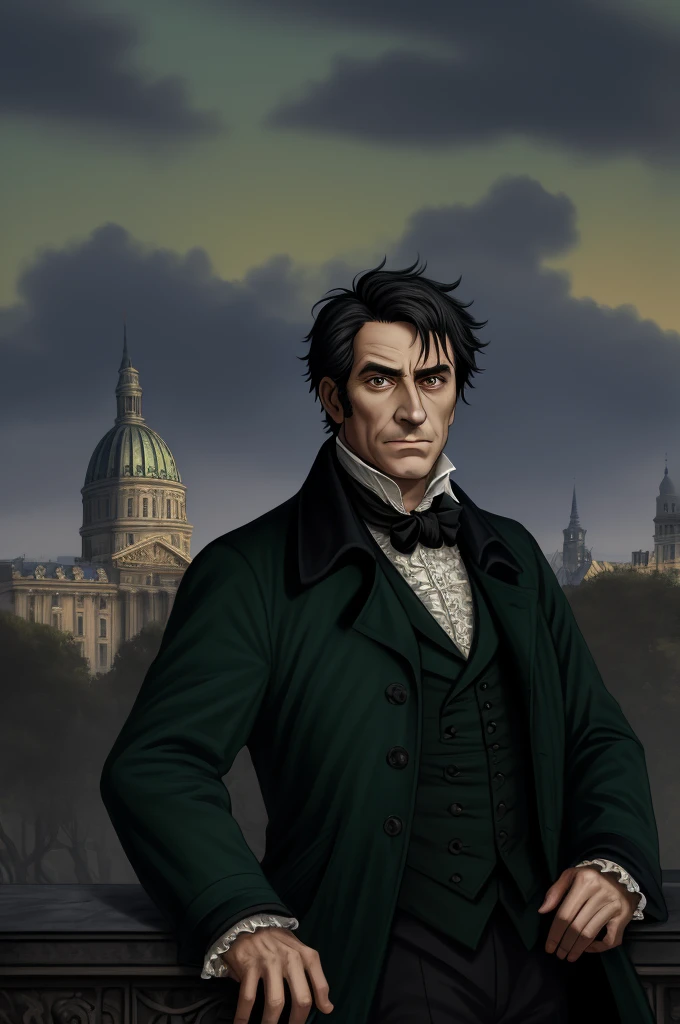 Highest quality, masterpiece, High resolution,，French，French Revolution politician，（French cityscape_background），Middle-aged men，Anime Style, 4K, alone，whole body， looking at the camera, ，Black Hair，Dark Green_coat， Hyper Detail, (Intricate details),