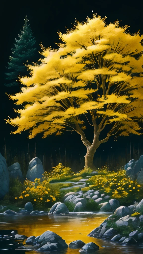 yellow flowers on a tree in a garden with rocks and trees, a digital rendering by Armin Baumgarten, flickr, sōsaku hanga, with yellow flowers around it, shades of gold display naturally, vibrant but dreary gold, golden sacred tree, yellow and greens, by rainer hosch, flowering vines, detailed trees in bloom, yellow flowers