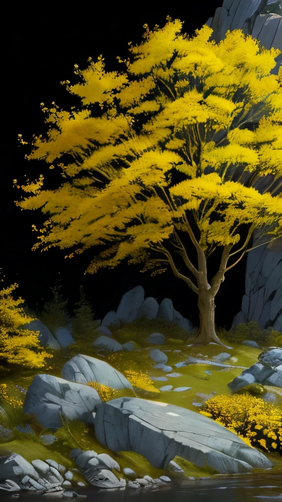 yellow flowers on a tree in a garden with rocks and trees, a digital rendering by Armin Baumgarten, flickr, sōsaku hanga, with yellow flowers around it, shades of gold display naturally, vibrant but dreary gold, golden sacred tree, yellow and greens, by rainer hosch, flowering vines, detailed trees in bloom, yellow flowers