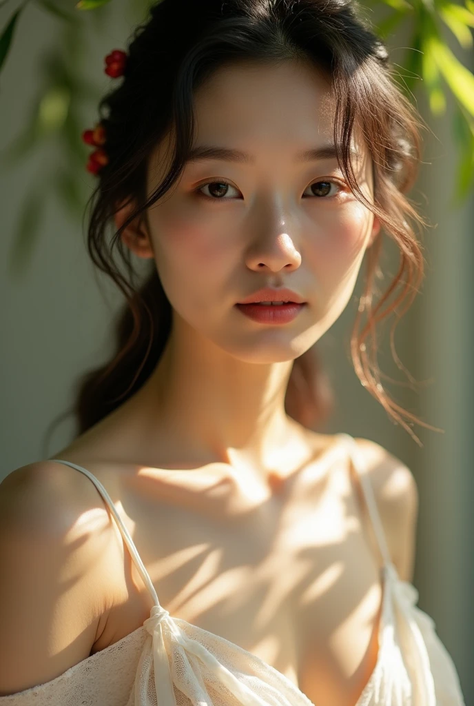 Nude Japanese in natural light、A close-up of her chest and calm expression.、It shows her inner peace and outer charm.。