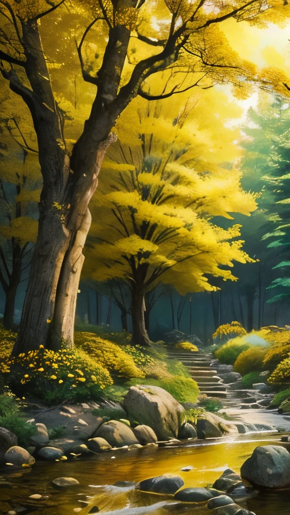 yellow flowers on a tree in a garden with rocks and trees, a digital rendering by Armin Baumgarten, flickr, sōsaku hanga, with yellow flowers around it, shades of gold display naturally, vibrant but dreary gold, golden sacred tree, yellow and greens, by rainer hosch, flowering vines, detailed trees in bloom, yellow flowers
