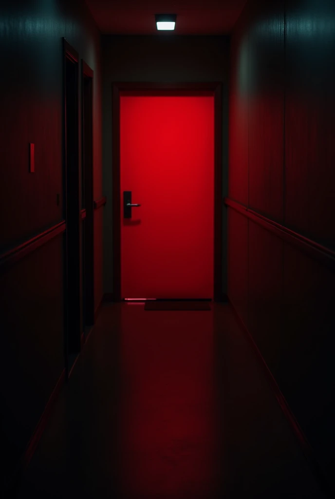 The screen goes black, and you can hear the agitated breathing of friends. then, The camera shows the closed red door from the outside.