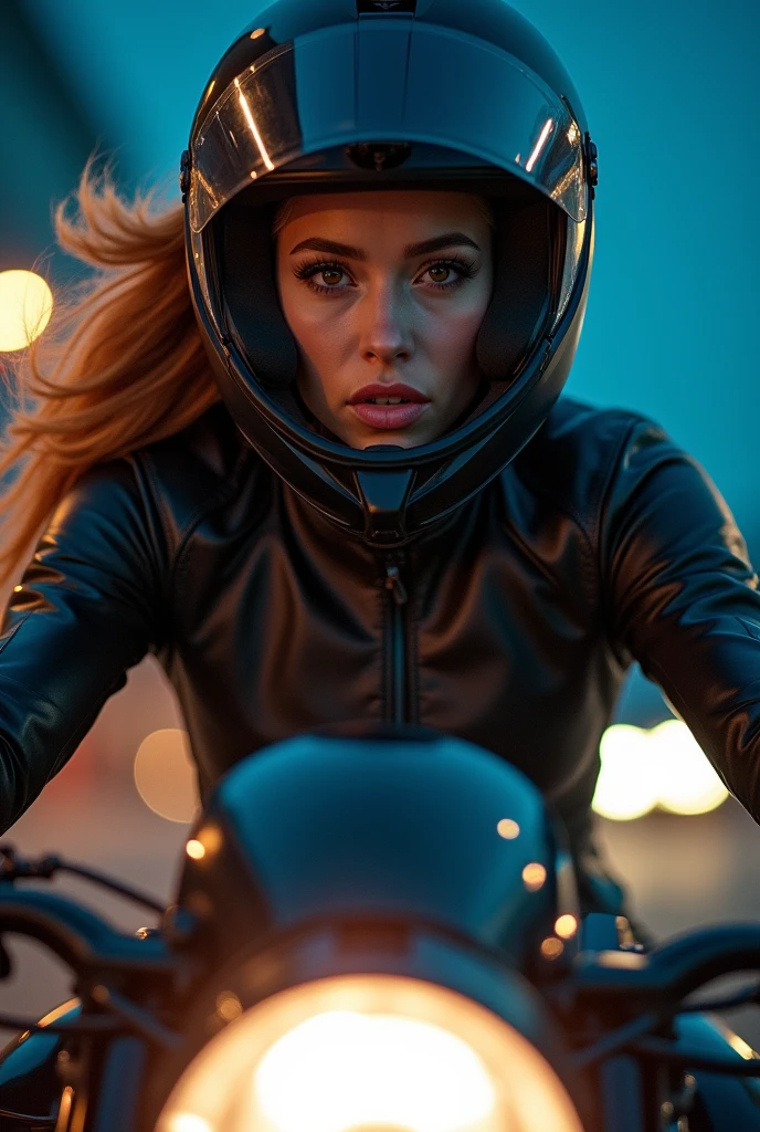 (Very detailed, 8k, RAW Photos, 最high quality, masterpiece:1.2), High-definition RAW color photos, Professional photos, (whole body:0.6), (Realistic, photo Realistic:1.37), ((最high quality)), 1 person, 20age、Cinematic Light, (Detailed painted face:1.2), (masterpiece:1.5), (最high quality:1.2), (Large Breasts:1.4), From below, A woman riding a motorcycle on the road, Taken from the front、high quality (4K/8k), (Realistic style:1.37), Vibrant colors, Vivid lighting, Detailed facial features, Strong muscles, A look of determination, , A sophisticated helmet, Concentrated eyes, Flowing Hair, Smooth pedaling action, The background is a night road, smile, , The road is straight, Professional Equipment, High-performance motorcycle, speed, passion, Excited state, (Slow motion:1.4), (Motion Blur:1.3), Dynamic Angle, ,Wearing a racing outfit