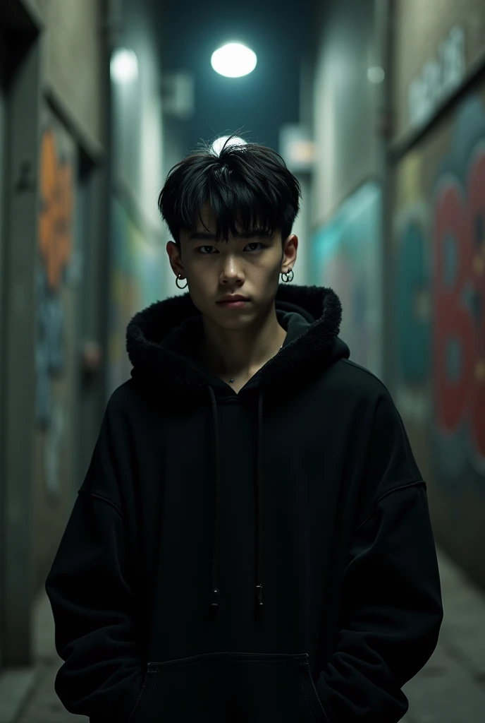 Asian teenage boy, black fur, serious, Lost look, piercings, self injury, depressed, with baggy clothes