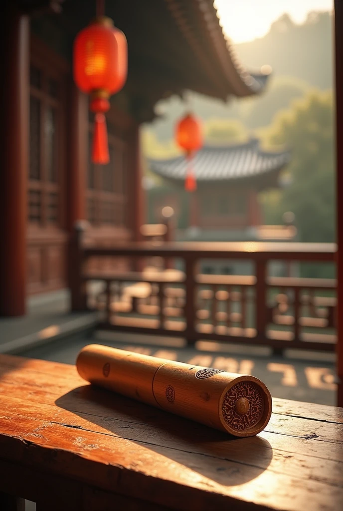 Detailed photo of a bamboo tube on a wooden table used for temple lotteries, cinematic lighting, 8K, realistic, highly detailed architectural elements, ancient Chinese culture, intricate carving details, sense of design, warm colors, natural light, serene atmosphere, dramatic shadows, expansive panoramic views, culture of the Shaolin Temple