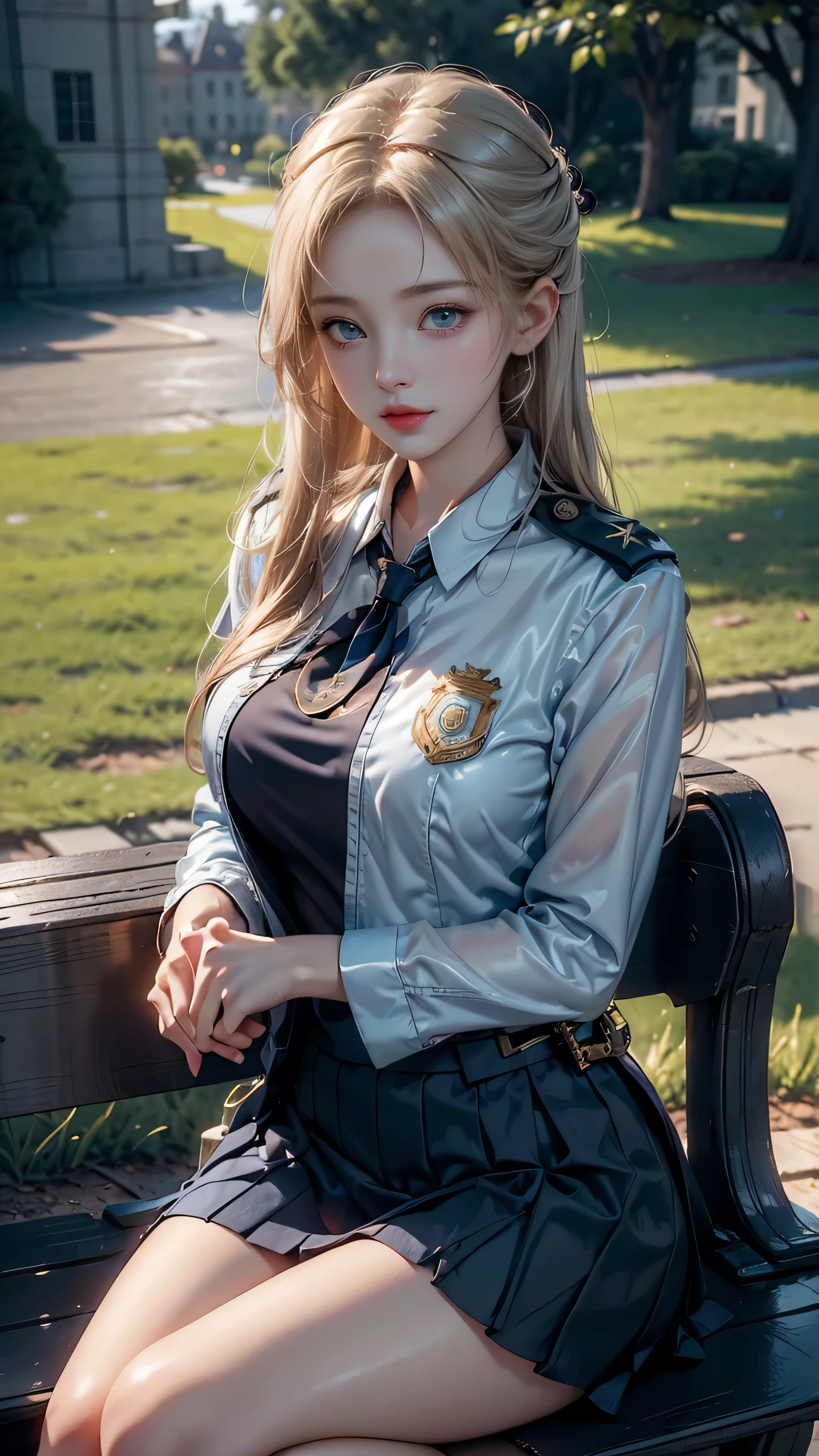 ((Policewoman sitting on a park bench)),Highest quality work,Live-action work,Ultra Premium Graphics,8K HD CG Works,High Quality Graphics,High-definition CG works,10x pixels,Ultra-fine detail:1.1,High level of technical detail:1.1 Photorealistic,Natural light:1.5. Lighting Effects(バーチャルLighting Effects:1. 8)、(Golden White Shorthair)、(Bob Hair)、Thin eyebrows、High nose、Nice red lips、Rose Cheek、Casual makeup face、Cute Face、Perfectly balanced face、Light-toned foundation。 A foundation that enhances the transparency of your skin。 ((female officer:1.5)),((Navy blue jacket with emblem on chest)),((Semi-transparent light blue blouse)),((Navy blue tight skirt))。40k, photograph, On the table, Highest quality, Rain Background, ((1.A girl with beautiful eyes and light hair, White skin, Mr.A Pose.((Medium chest::1.1)), Highest quality, On the table, Ultra-high resolution, (Real::1.4), RAWphotograph, (Perfect figure)