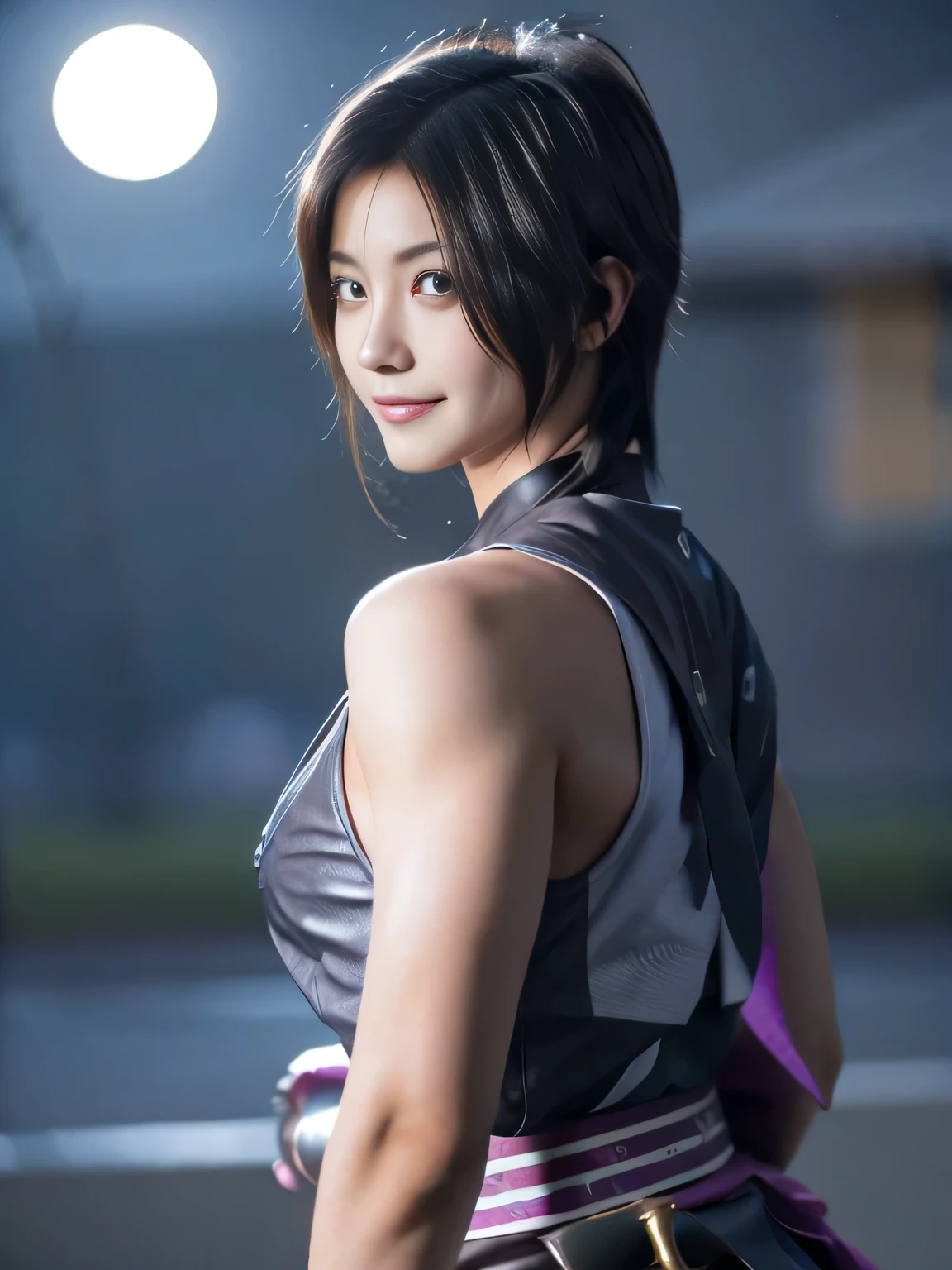 20 year old Japanese beauty,One woman、Muscular body like a bodybuilder、Emphasize the breasts、Slit eyes、A head-to-toe view,Bust is very very large、The background is a medieval European kitchen、High quality photos、Clear, crisp images of the lower body、Masterpiece 8k、Smiling、Holding a sword in his right hand、From the front, from the side, from the back, etc.々from what camera angle to shoot、A ninja costume of purplish-red color