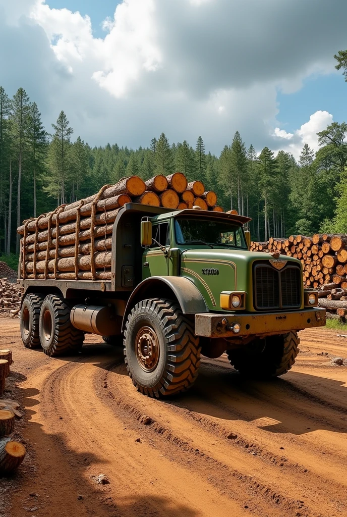 Image Description:
A robust truck, in olive green, is parked in a wooden yard. Its body, made of sturdy metal, is completely loaded with logs of various sizes. The logs, with rough bark and visible growth rings, are carefully stacked in several layers, secured by sturdy ropes to ensure safety during transport. The vehicle is equipped with wide, sturdy tires, designed to support the weight of the load on uneven terrain. Ao fundo, it is possible to observe other similar piles of logs, suggesting intense forest exploration work. The sky, partly cloudy, contrasts with the green tone of the vegetation in the background, indicating a sunny day with some clouds. The ground, of dirt and uneven ground, shows tire marks and other vehicles, highlighting the intense activity in the location. The image conveys the strength and resilience necessary for work in the timber industry, in addition to highlighting the natural beauty of the wood in its raw state.