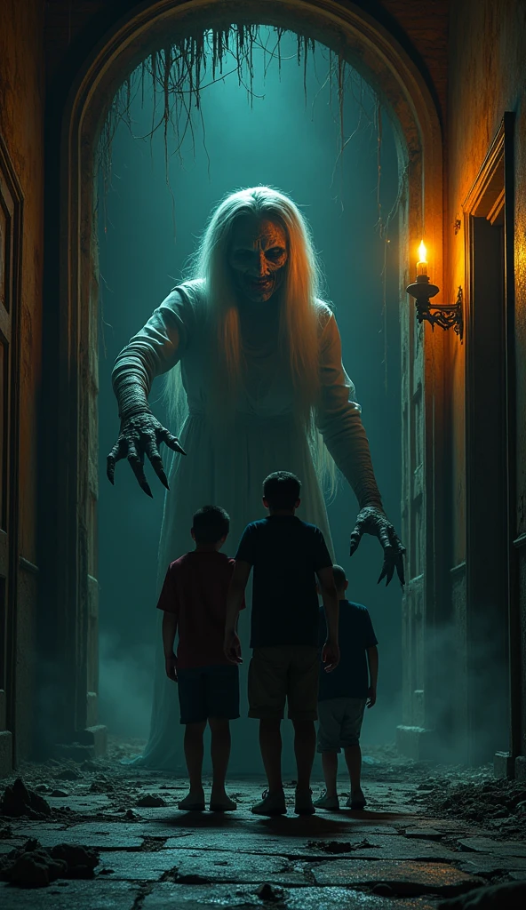 create a creature that looks like a horrifying woman slowly rising, with big nails, revealing his deformed face with a sewn mouth and deep-set eyes in an abandoned and old house attacking three age boys