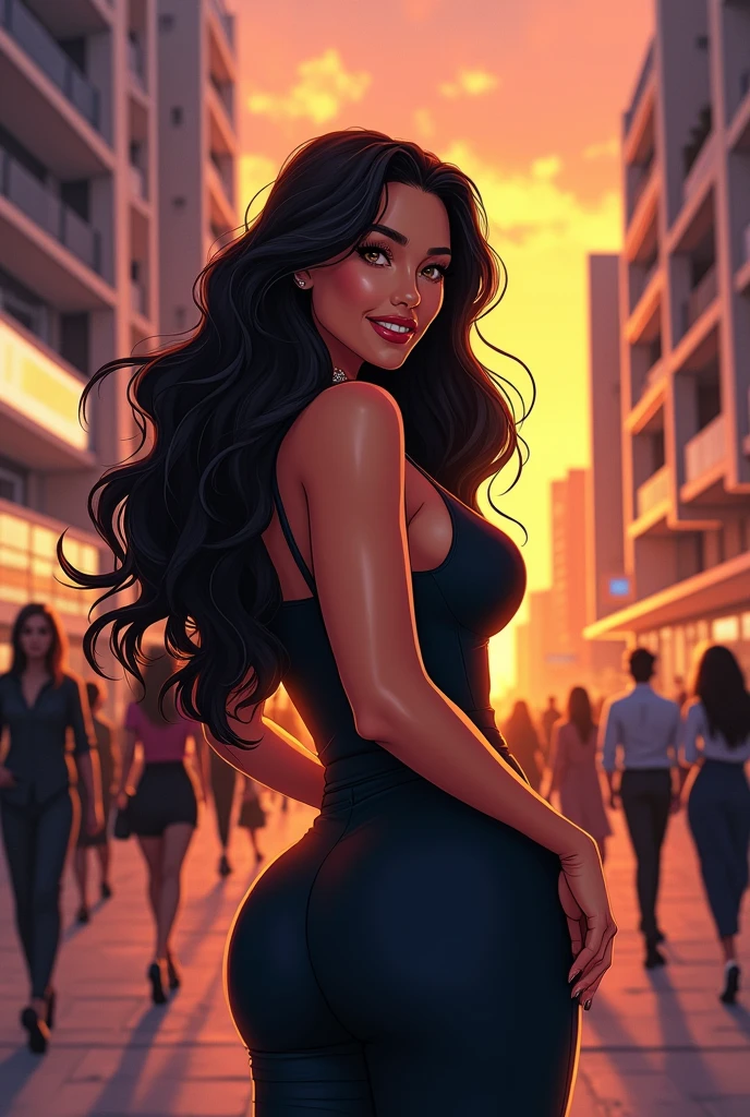 An athletic Latina woman with a muscular and fit body, featuring a large bust. She is dressed in an elegant and sexy outfit—perhaps a sleek, form-fitting evening dress that accentuates her curves, with a deep neckline and high slit. The dress is in a luxurious fabric, possibly in a dark, sultry color like black or deep red. She poses confidently at the top of a skyscraper at night, with the city lights twinkling below. The wind slightly lifts her hair and the hem of her dress, adding a dynamic and dramatic effect to the scene. The night sky is clear, with a few stars visible, creating a captivating contrast with the vibrant cityscape