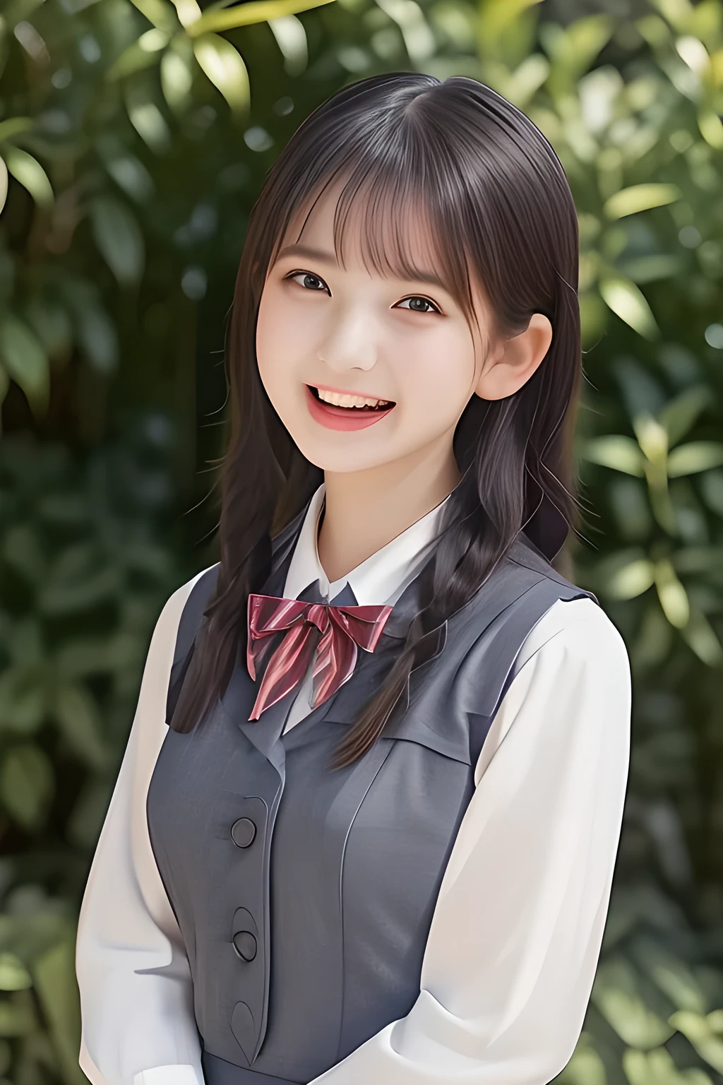 (highest quality, masterpiece, high resolution:1.2), 4K, (Photo quality detailed face: 1.2), (Giorgione painting style: 0.8), geometry, (16 yo cute girly Japanese girl with very detailed graceful cute smiling face: 1.2), Laughing cutely, (neat girly white short-sleeves school blouse: 1.0), (puffed short sleeves: 1.0), (big sharp breast: 0.8), (Dark red glossy school ribbon on the breast: 1.0), (Light gray Japanese school girly vest Uniform: 1.2), (Light gray school boxed pleated skirt: 1.0), (Extremely laughing cheeks: 1.0), (Beautiful light-amber cute-dolly large clear laughing 14yo noble princesses eyes with very detailed cutely: 1.4), (Long bottom eyelashes: 1.2), (Glossy lips: 1.0), (braids under her ears: 1.3), (Full body shot: 1.0)