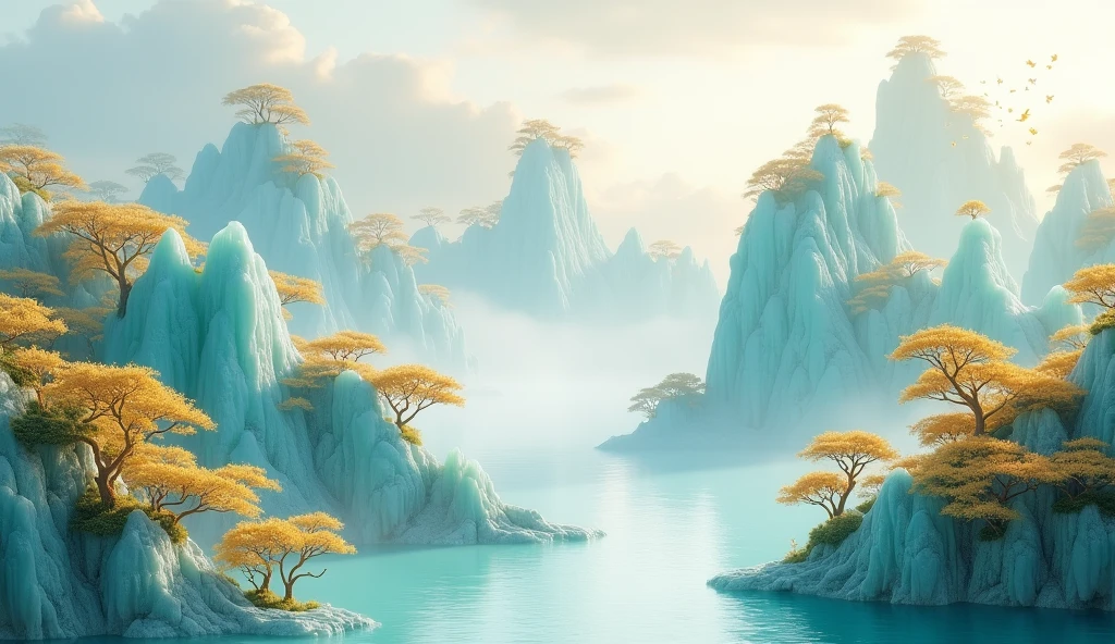 Gold inlaid jade carving, ultra wide shot, soft lines, flowing lines, Chinese landscape painting, white jade mountains, bright cyan jade mountains, golden trees, floating clouds, top lighting, bright, crystal glass texture, minimalist