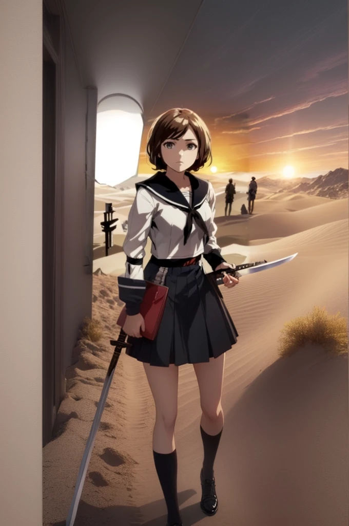 a woman in sailor uniform holding a sword in front of a desert, female protagonist 👀 :8, female protagonist, anime visual of a young woman, still from anime, today's featured anime still, official art, female anime character,black skirt, short skirt, bare leg, black thight, black shoes, standing