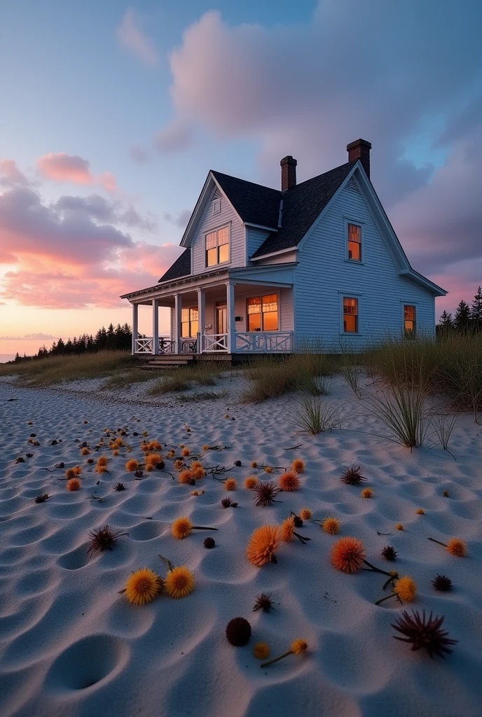 Majestic and cozy white house surrounded by dead flowers on the beach