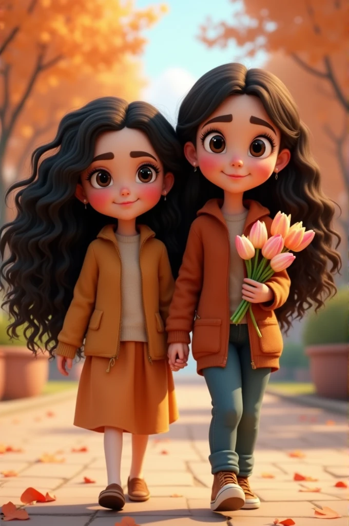 Disney Pixar style image of two girls who are a couple, The first girl is walking, with long, curly black hair., black hair, Her skin is white and she has bright black eyes with beautiful eyelashes and rosy cheeks., the other girl also with fair skin brown straight hair, Her eyes are medium brown, almost green, and she has reddish cheeks with a freckle on her left cheek. She is holding a bouquet of tulips. 