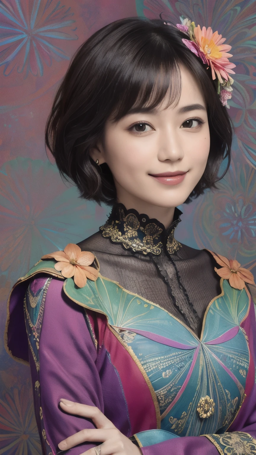 272 (20-year-old woman,short hair), (masterpiece, Highest quality, beautiful:1.2), Very detailed, (Fractal Art:1.1), (colorful:1.1), (flower:1.3), whole body, (Abstract background:1.3), (Many colors:1.4), (Old-fashioned smile), (Hawaii)