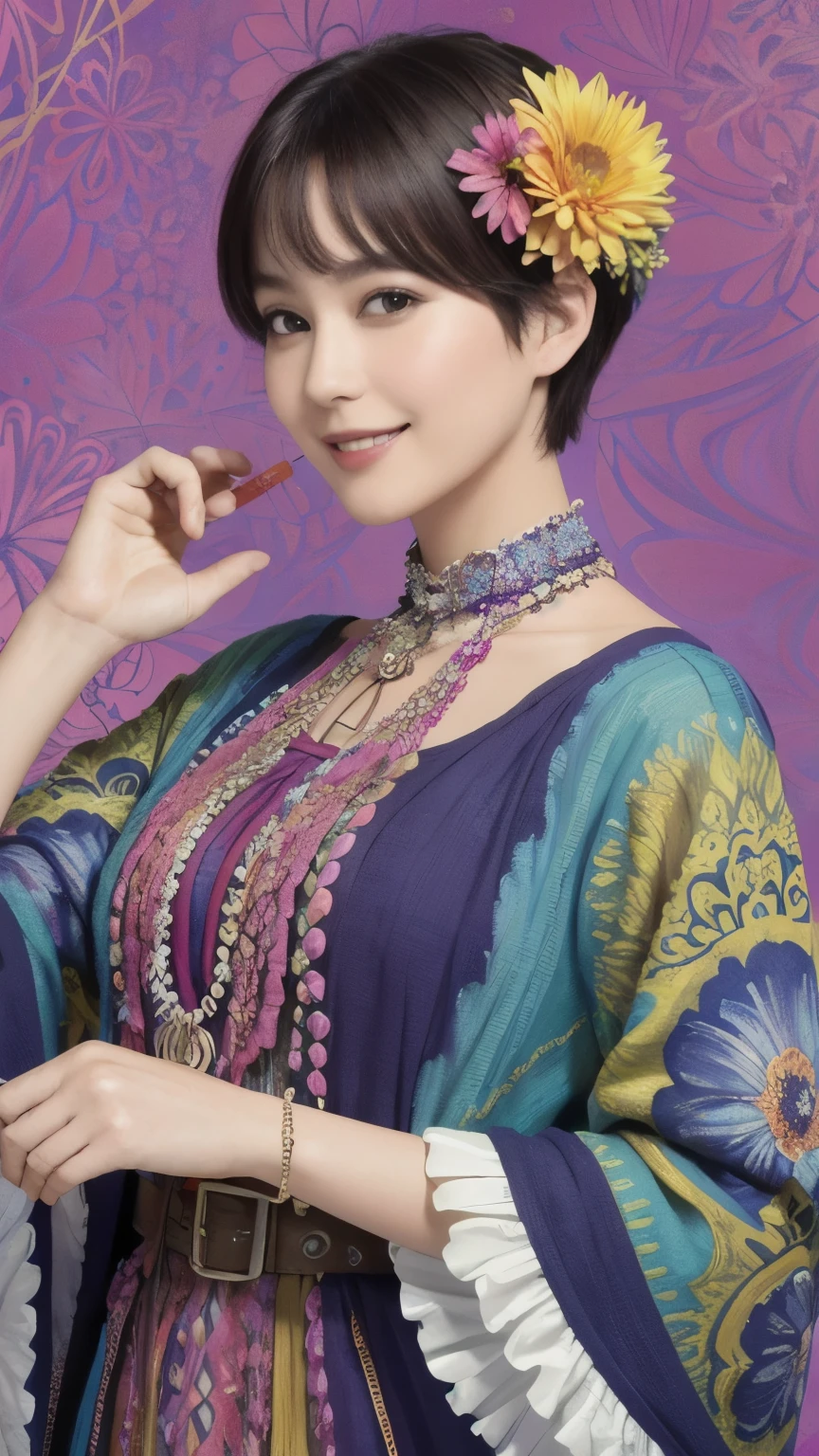 272 (20-year-old woman,short hair), (masterpiece, Highest quality, beautiful:1.2), Very detailed, (Fractal Art:1.1), (colorful:1.1), (flower:1.3), whole body, (Abstract background:1.3), (Many colors:1.4), (Old-fashioned smile), (Hawaii)