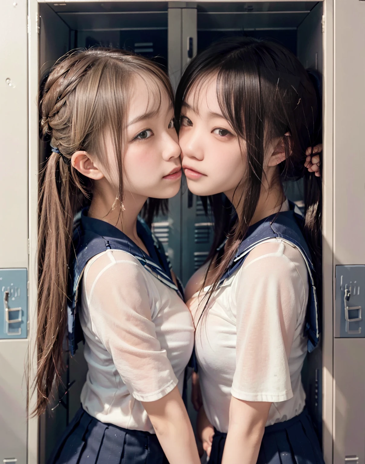 8k,masterpiece,Japanese,best quality, (schoolgirls:1.4), (kissing:1.3), (crowded locker:1.5), reluctantly, (blush:1.3), (breasts:1.2)