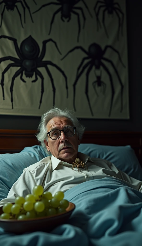 Mr. Trum is 50 years old. Lying in bed eating grapes, there are many pictures of spiders hanging above the bed. There is a spider crawling on Mr. Trum's body. 3d 4k