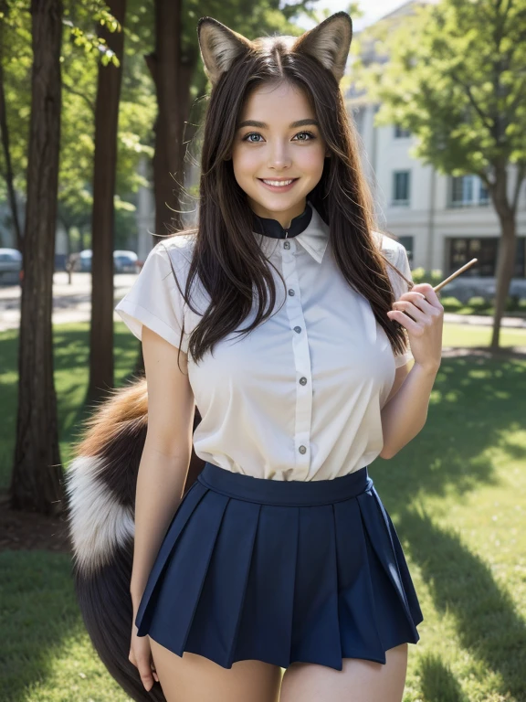 ((Highest quality, 8k)), ((masterpiece)), (Highest Resolution), Perfect Face, Fox Woman, Female college student, Beautiful woman, blue eyes, Outdoor, One tail, she has thick thighs, Her large tail, She has a brown fox tail., She wags her tail, Smiling with teeth showing, Fur collar, She is wearing a short skirt, Big Breasts, Beautiful Hips , A fox tail sticks out from the skirt.
