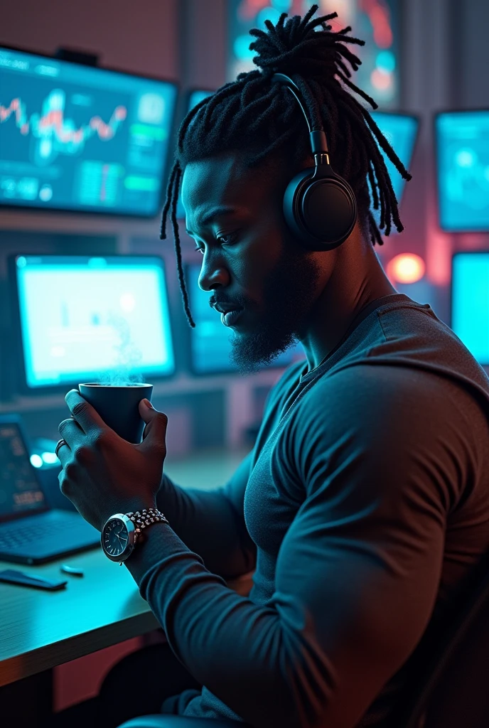 A muscular man with dreadlocks is in a futuristic office, holding coffee in his right hand and a black phone in his left, talking on the phone while looking at a multitude of computer monitors.