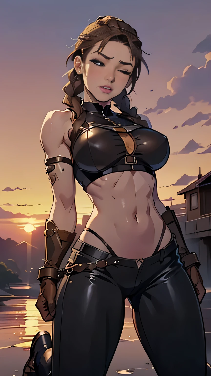 photo of mlp Meowko, RAW, beautiful woman, ((portrait)), ((detailed face:1.2)), ((anime face, anime facial feature, clear skin, glossy anime lips, clear skin), (long haircut, brunette, Warrior braids: 1.55), (perfect proportioned body, Strong, muscular, narrow waist, narrow hips, skinny, large breasts, exposed belly button and abbs), (ahegao expression, eyes closed, orgasm face:1.35), Fighting using an axe ((she wears a detailed chainmail and leather, Brown leather, fir, bare arms, simple Viking armor, leather combat pants, bare midriff, no gloves:1.1)), kneeling on riveredge, splits kneeling, legs open, huge battle, Viking ships on a river, (realistic photo, best quality, detailed), (8k wallpaper), (bright cinematic lighting, lens flares, beautiful light, (sunset:1.3)) (sharp focus, intricate)