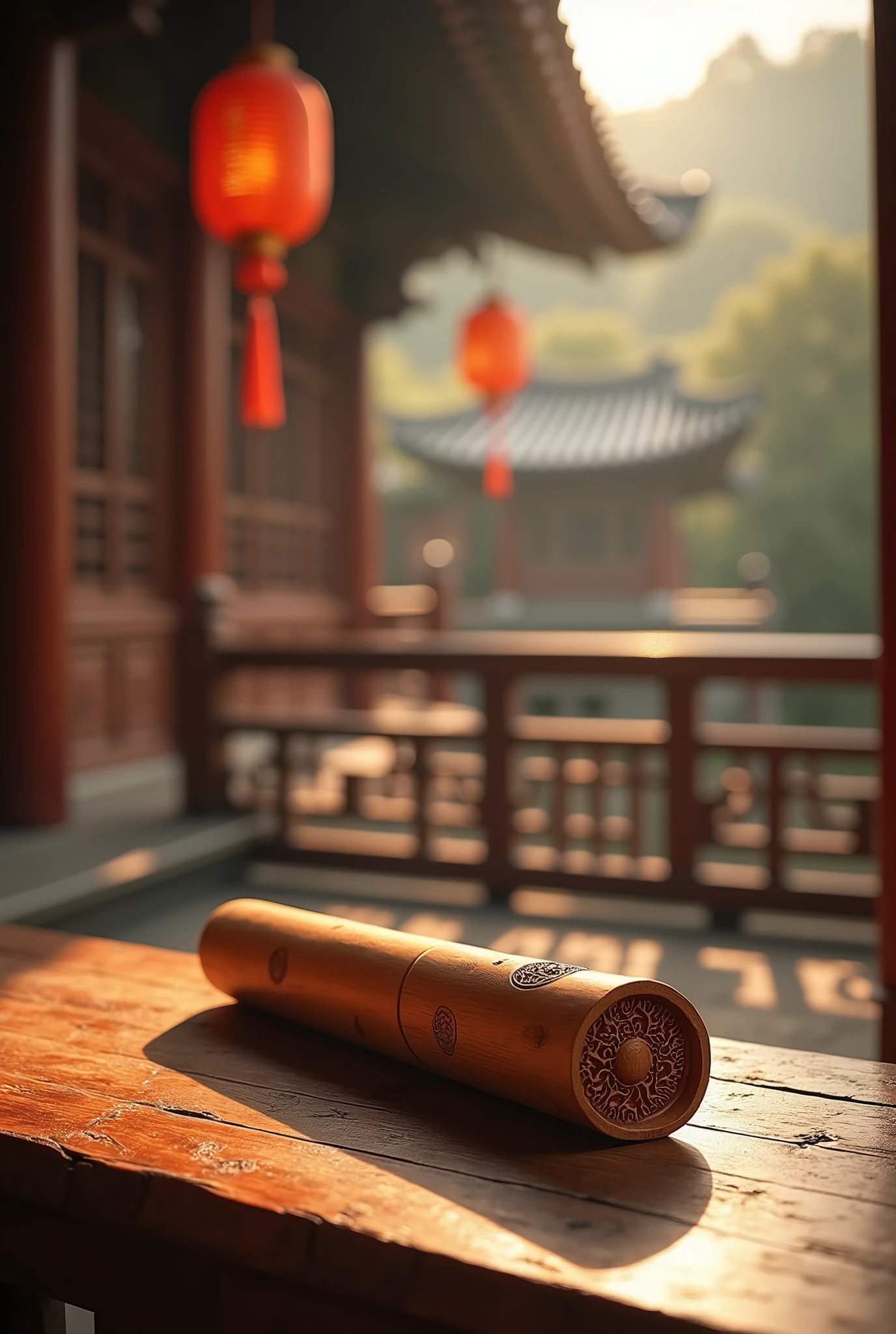 Detailed photo of a bamboo tube on a wooden table used for temple lotteries, cinematic lighting, 8K, realistic, highly detailed architectural elements, ancient Chinese culture, intricate carving details, sense of design, warm colors, natural light, serene atmosphere, dramatic shadows, expansive panoramic views, culture of the Shaolin Temple