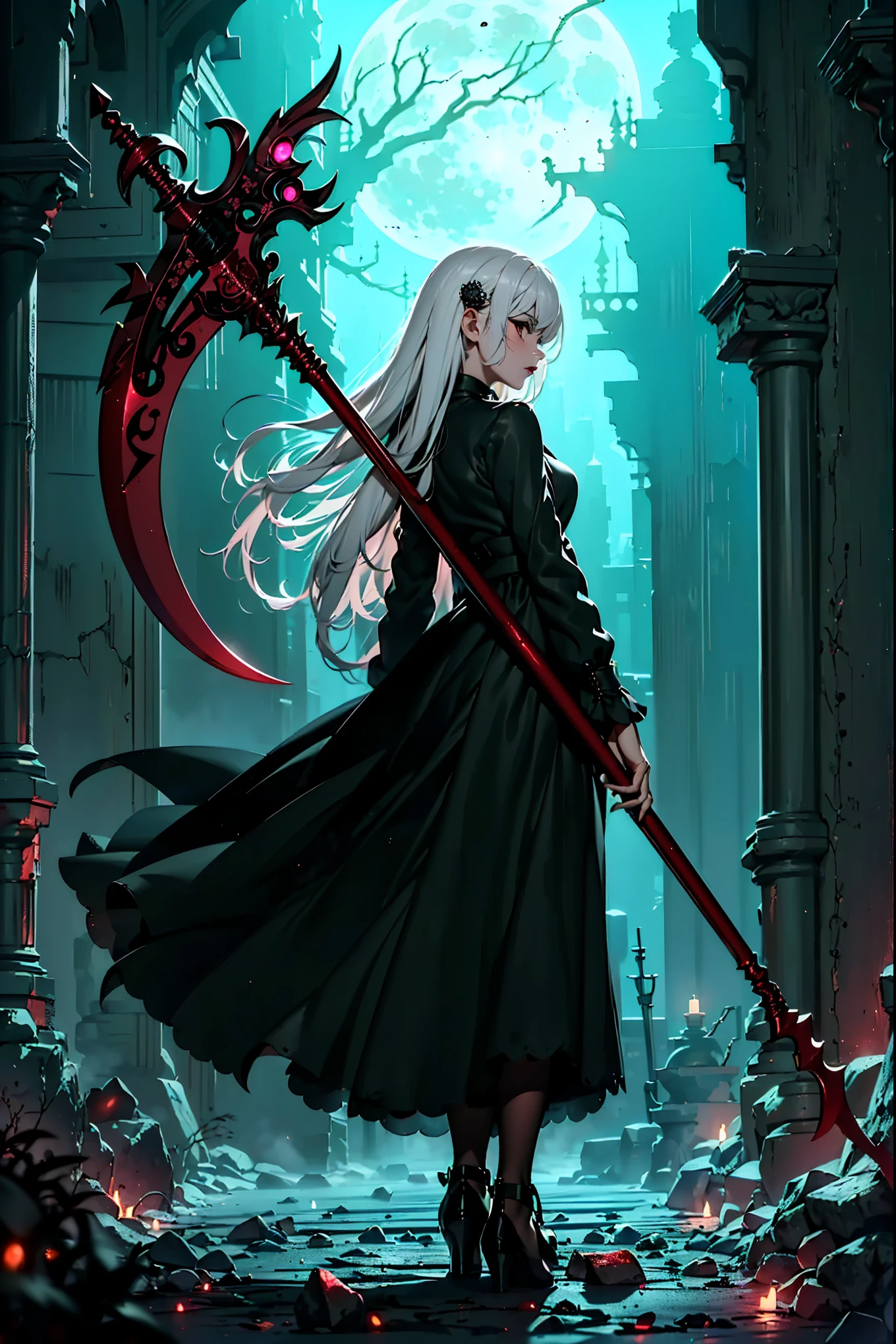 ((1girl, solo, alone, Ninym, white hair, red eyes, hair ornament, small breasts, long hair, fitness)), ((solo, (1woman, pink lipstick), Extremely detailed, ambient soft lighting, 4k, perfect eyes, a perfect face, perfect lighting, a 1girl)), ((black dress, long dress, wielding a red scythe, abandoned castle, haunted castle, fog, mist, night, moon smells, dry trees))