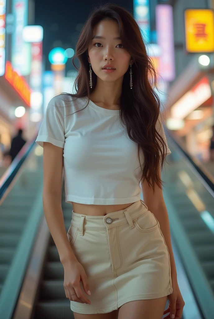 Japanese with long wavy brown hair、Large Breasts、White T-shirt、mini skirt、I'm on an escalator、Medium build、Earrings、Cool beauty model