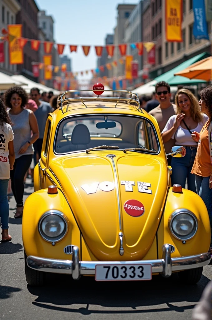 Image of a candidate for city council mascot with the description; There has to be a yellow Beetle like a sound car in the picture, in the Beetle you have to have a vote: 70333