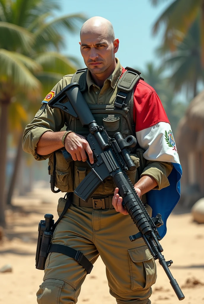 Call of Duty character, but looking clumsy with the Dominican Republic flag, clumsy but with great flow, but with an AR-15 weapon and a sniper rifle on his back, but white.
🇩🇴