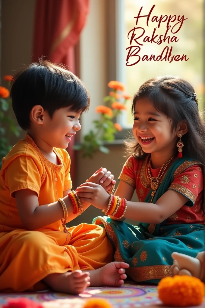 Boy and girl celebrate raksha Bandhan and happy raksha Bandhan calligraphy text on front of image realistic photography