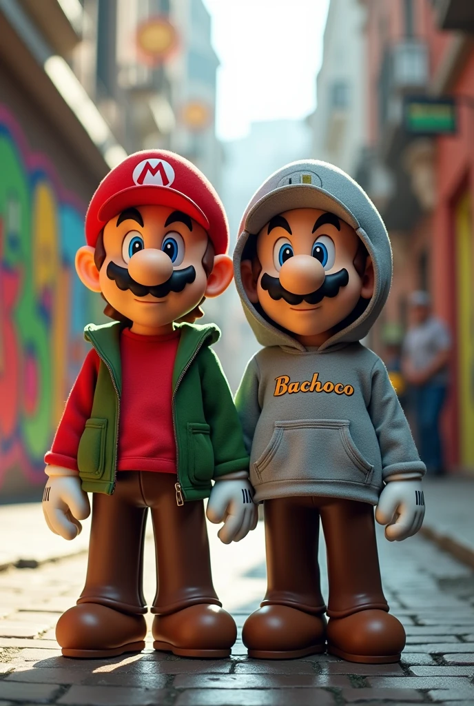 Create a photo of Mario bros with brown pants ,with horizontal reflector,and a gray hooded sweatshirt,the sweatshirt that says Bachoco on the upper right side of the front