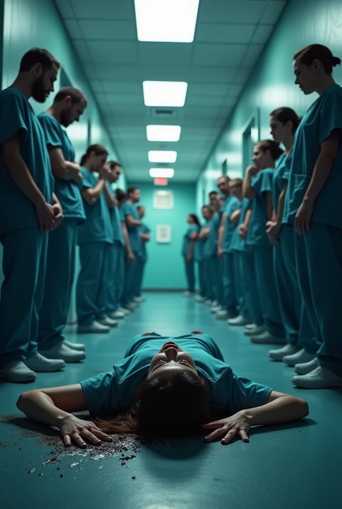 A tragic scene where a female doctor lies on the ground, lifeless, with blood seeping from her head and hand. Surrounding her are other doctors, sitting nearby in deep sorrow and shock. In the background, the words 'Justice For Doctor' are boldly written in large, impactful letters, emphasizing the urgent call for justice in this somber and emotional 3D scene