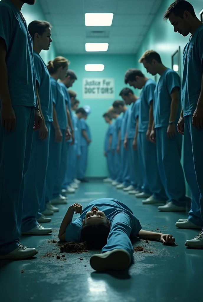 A tragic scene with a female doctor lying on the ground, having been murdered. Surrounding her, other doctors are sitting, visibly saddened and mourning her loss. In the background, the words 'Justice For Doctor,s' are boldly written in large, impactful letters, emphasizing the gravity of the situation