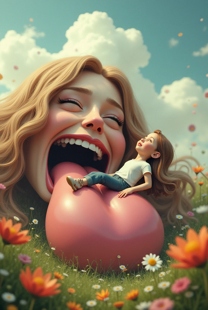 Tiny man lying on the giant tongue of a giant woman