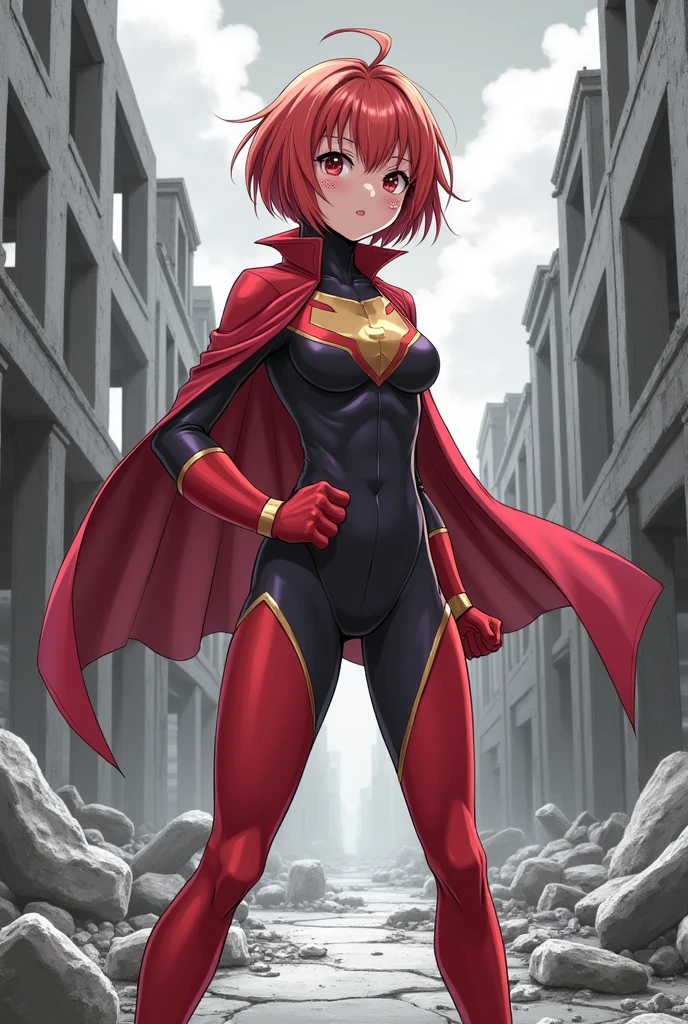 Uraraka Ochako, masterpiece, Best Quality, High resolution, Hmochako, blush stickers, short hair, huge breasts, superhero, mono, Boots, remains, building, fighting stance, clenched hands, Wide hips, thick thighs (curves) anime and photography